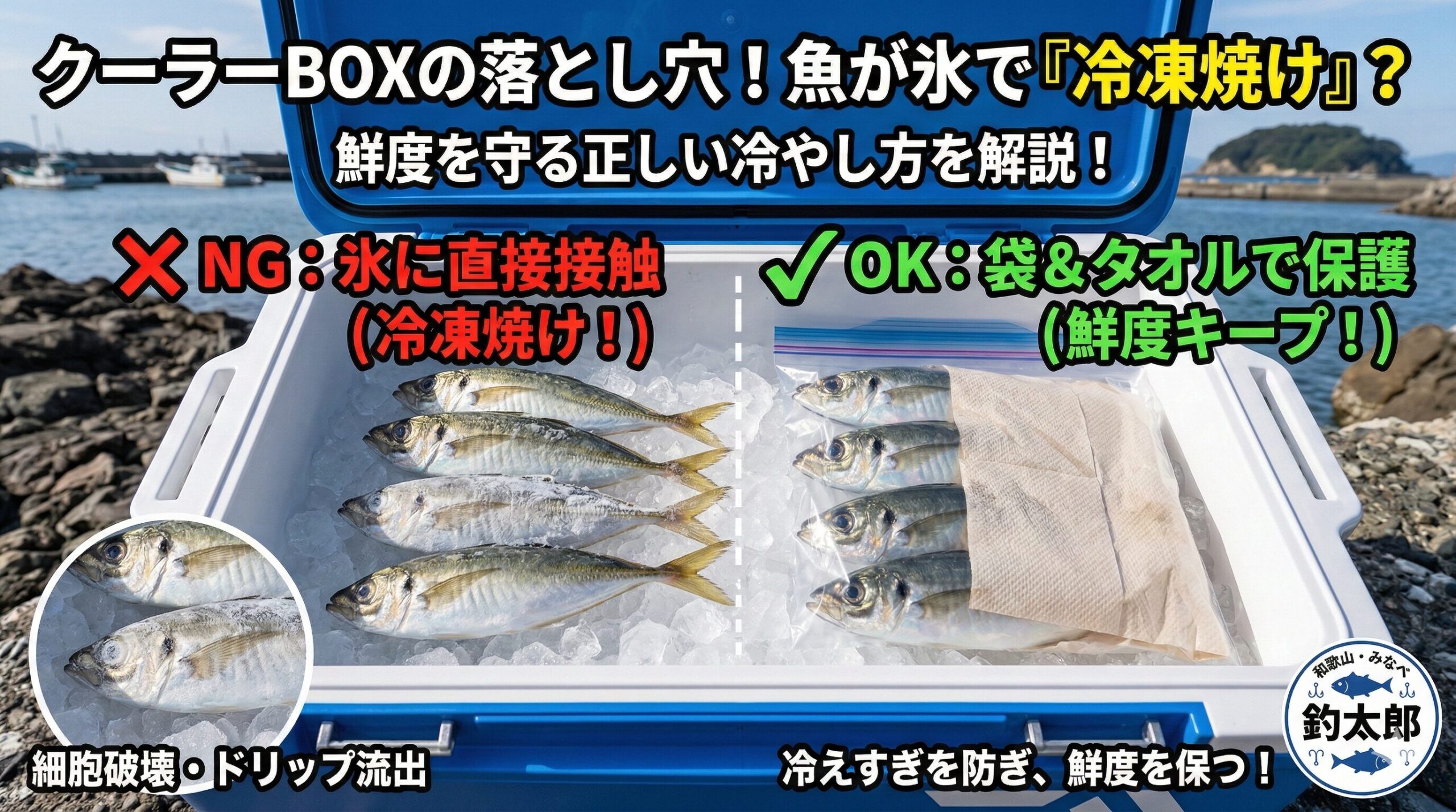 【クーラーボックスの落とし穴】魚が氷で「冷凍焼け」する原因と絶対防ぐ対策。釣太郎