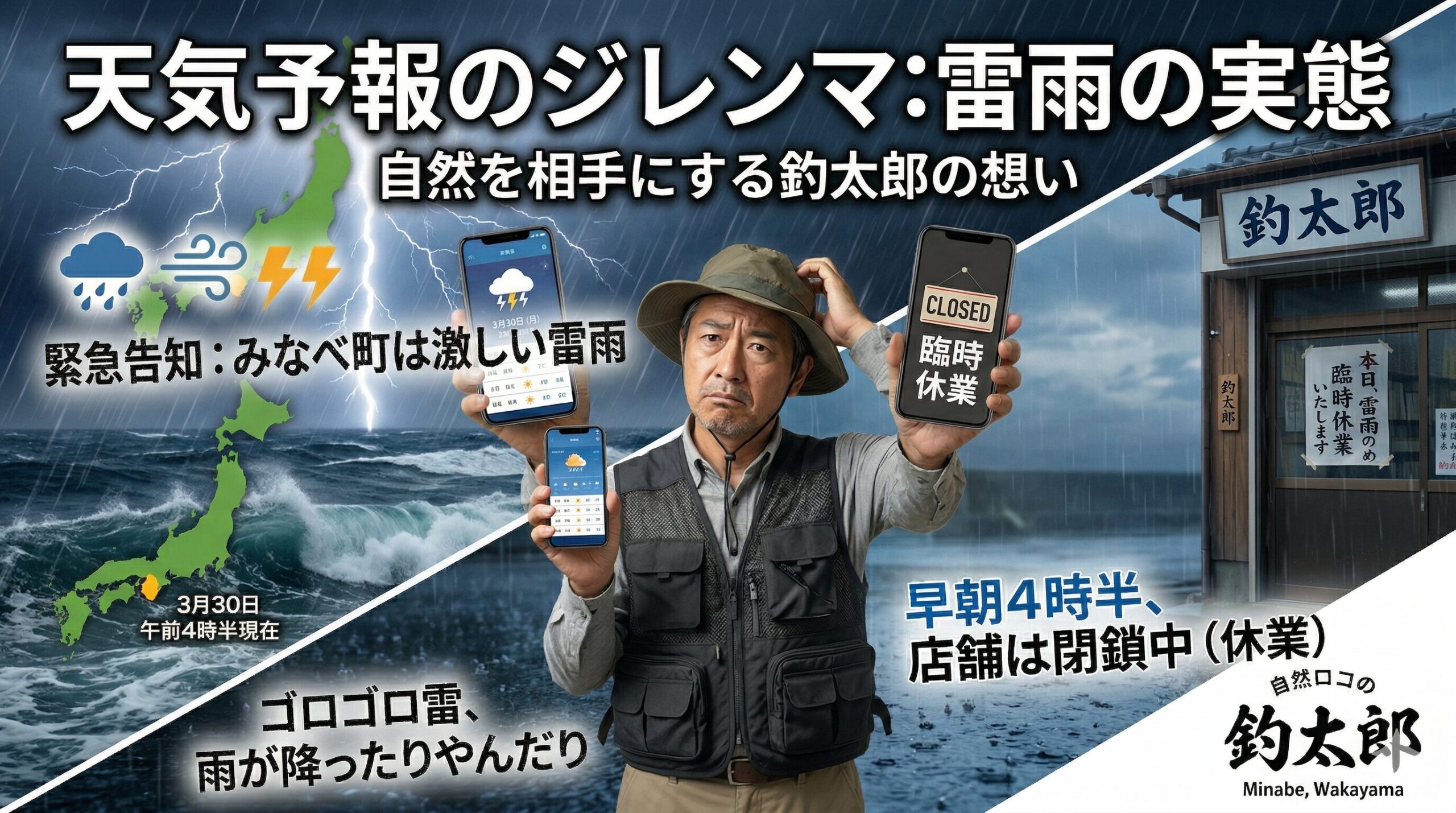 午前4時半の激しい雷鳴みなべ町は現在、雷雨。3月30日月曜日。釣太郎