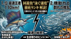海のスピードスター！遊泳速度ランキング。バショウカジキ：時速 約110km。魚類最速の称号を持つ海の王者。釣太郎