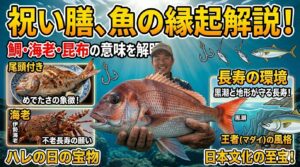 祝い膳を彩る魚たちの秘密｜鯛・海老・昆布に込められた深い意味。1. 百魚の王「鯛（たい）」｜めでたさの象徴。2. 腰が曲がるまで健やかに「海老（えび）」｜不老長寿の願い。3. 喜びが広がる「昆布（こんぶ）」｜一家の繁栄。釣太郎