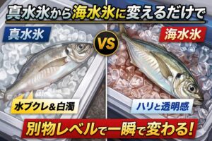 真水氷は「とりあえず冷やす道具」。海水氷は「味を守る道具」。釣太郎