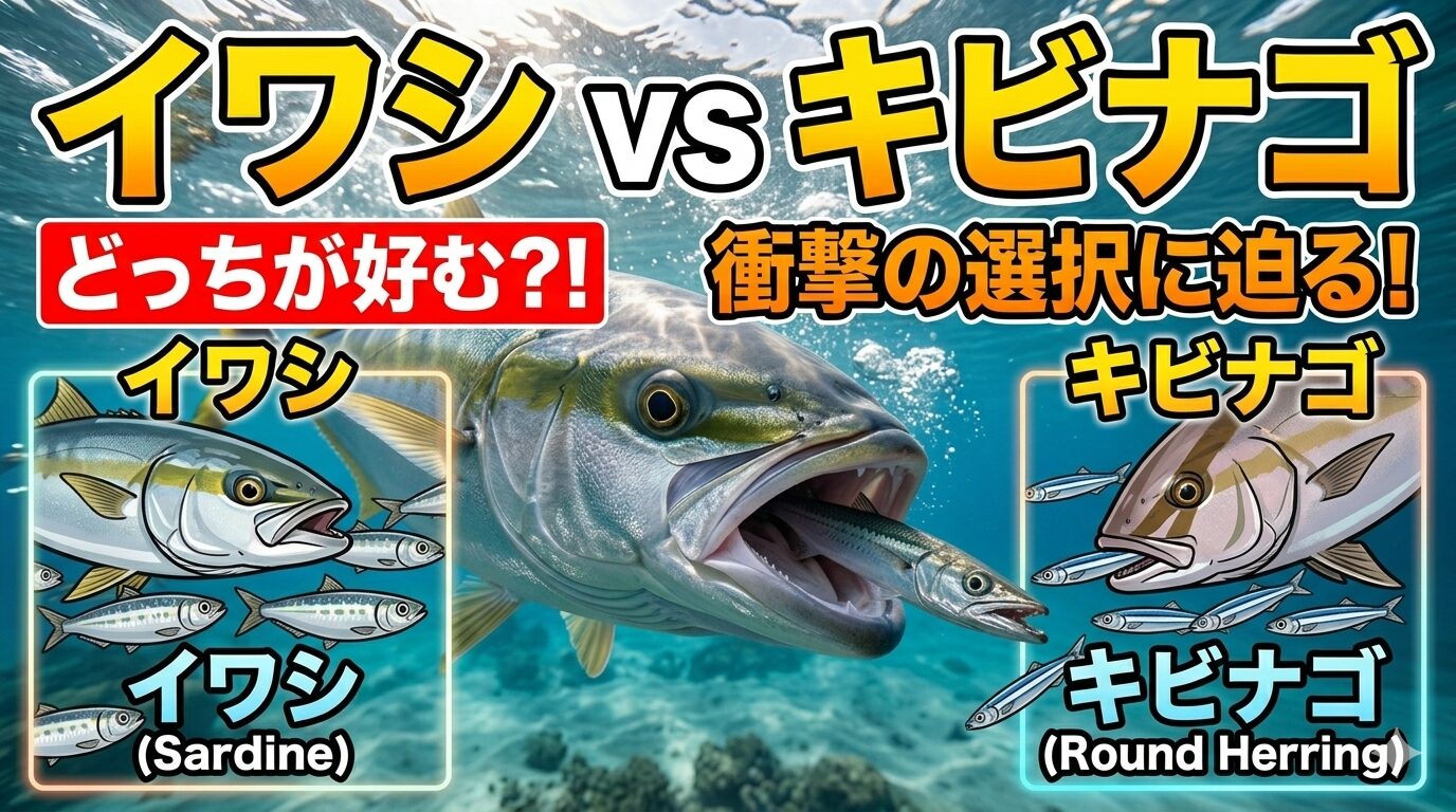 カマス： シルエット重視で「キビナゴ」を好むことが多い。 ブリ・カンパチ： 脂の乗りとボリューム、光の反射で「イワシ」に軍配。釣太郎
