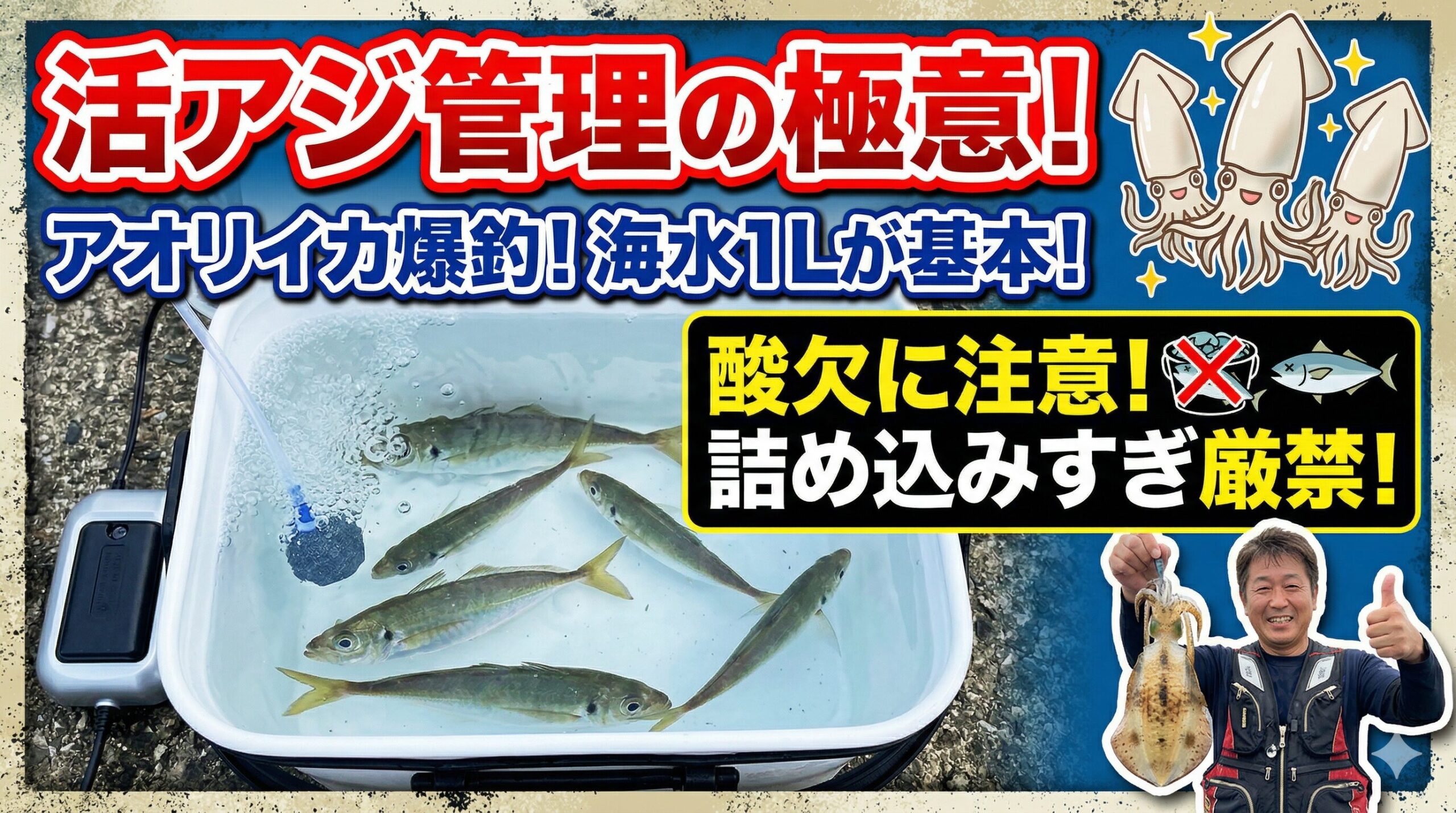 活アジは1匹につき海水1Lが基本。詰め込み厳禁で「すべてノークレーム」釣太郎