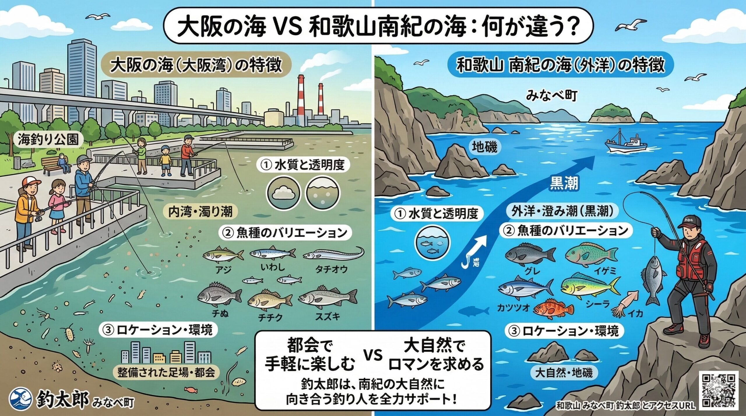大阪の海VS南紀の釣り場は、何万年もの波に削られてできた荒々しい地磯や、見渡す限りの水平線が広がる大自然そのものです。釣太郎