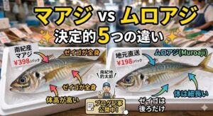 アジとムロアジの違い説明。見分け方、生態、食味の違い迄。サビキ釣り入門。釣太郎