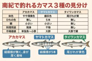 腹鰭の位置をチェック！ 背鰭より前なら ⇒ アカカマス。腹鰭が後ろなら、鱗をチェック！鱗が細かく、銀色なら ⇒ ヤマトカマス。体に縞模様があれば⇒ タイワンカマス。釣太郎