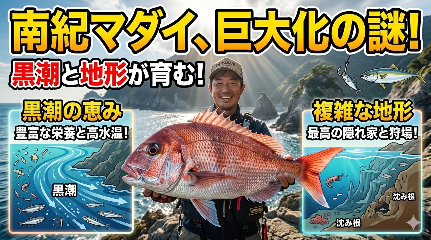 南紀のマダイが巨大化する秘密。1. 黒潮が運び込む「栄養の宝庫」。2. 複雑に入り組んだ「リアス式海岸」の隠れ家、3. 年間を通して安定した「高水温」釣太郎