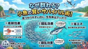 魚が群れることで生存率が上がるには希釈効果。 例えば1000匹の群れの中にいれば、自分が食べられる確率は単純計算で1000分の1になります。釣太郎