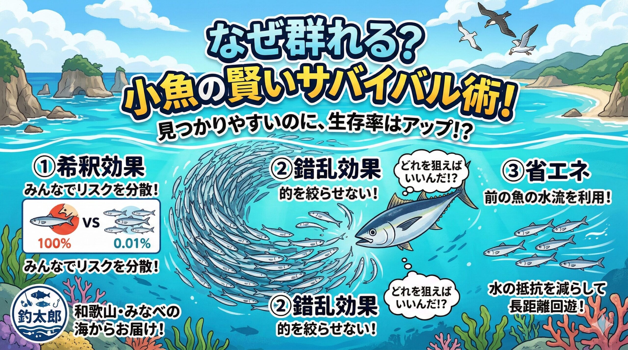 魚が群れることで生存率が上がるには希釈効果。 例えば1000匹の群れの中にいれば、自分が食べられる確率は単純計算で1000分の1になります。釣太郎