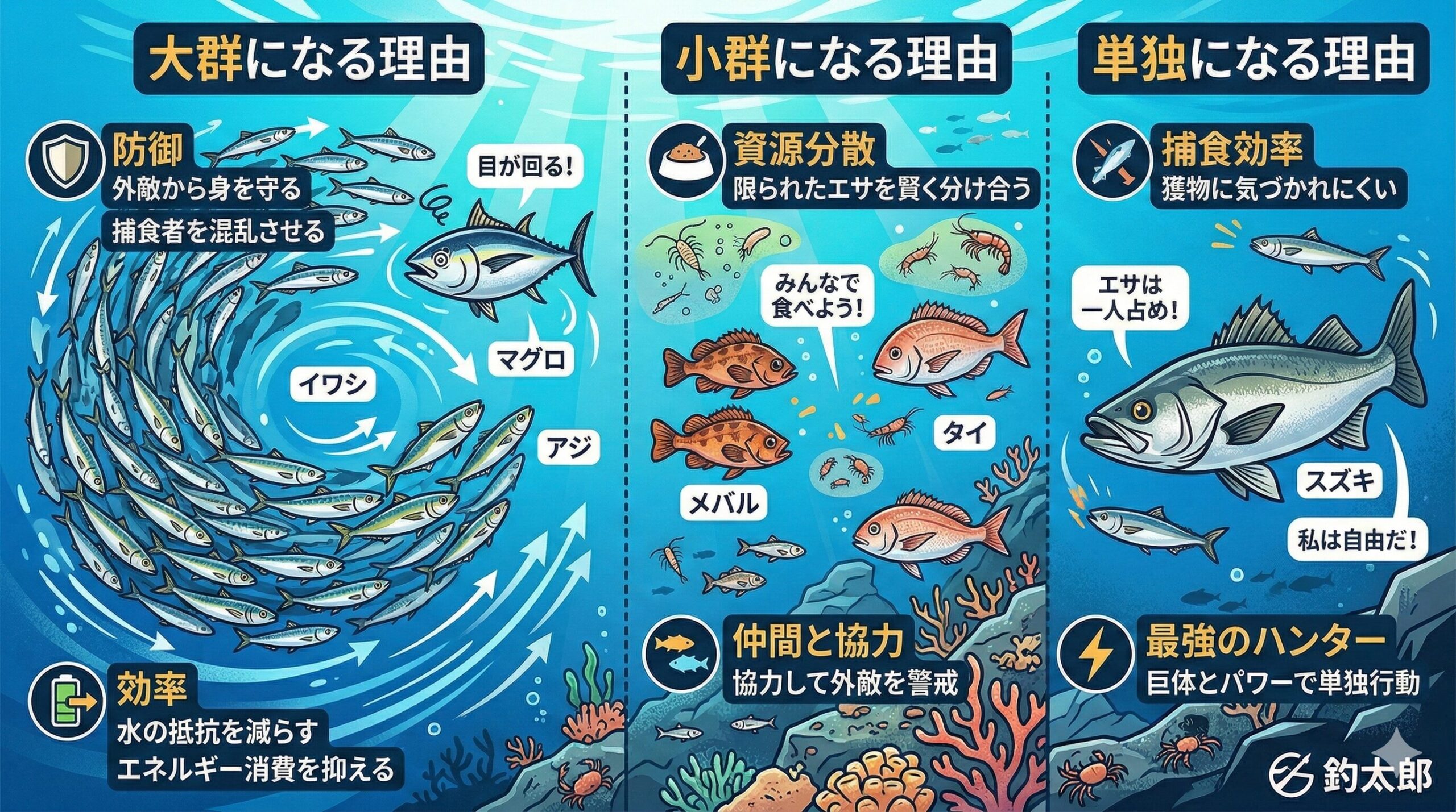 魚が群れを作る本当の理由とは？大群・小群・単独行動に隠された生存戦略.釣太郎