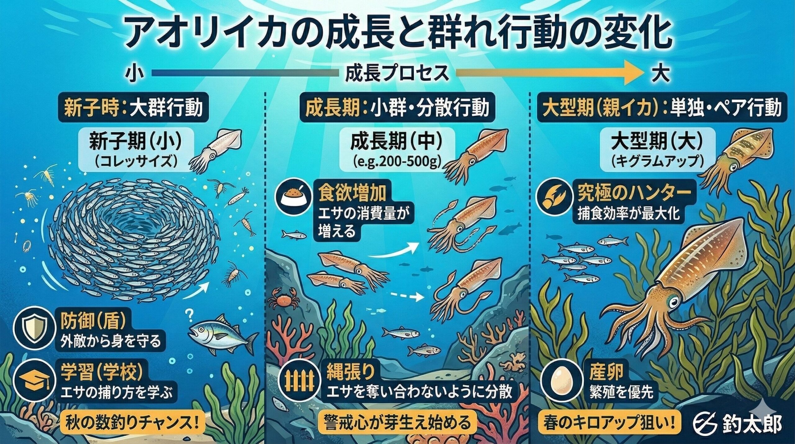 アオリイカが成長と共に群れを小さくしていくのは、無駄な争いを避けて効率よくエサを捕るための見事な適応能力.釣太郎