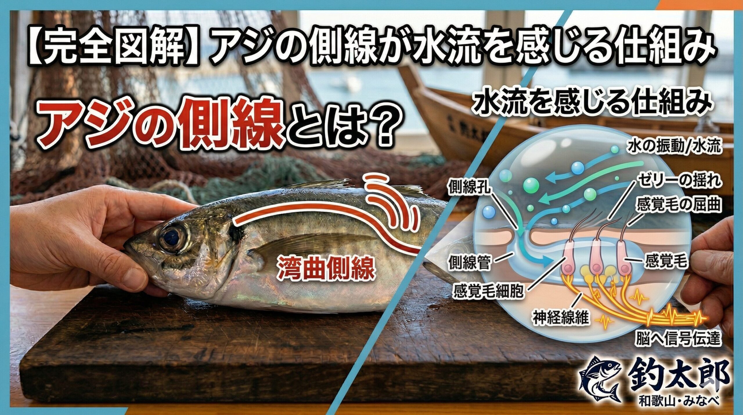 マアジの側線は、体の真ん中で急激に折れ曲がっる。この湾曲には、マアジ特有の生存戦略がある。広範囲のセンサー網、巨大な群れを操る、暗闇での捕食レーダー。釣太郎