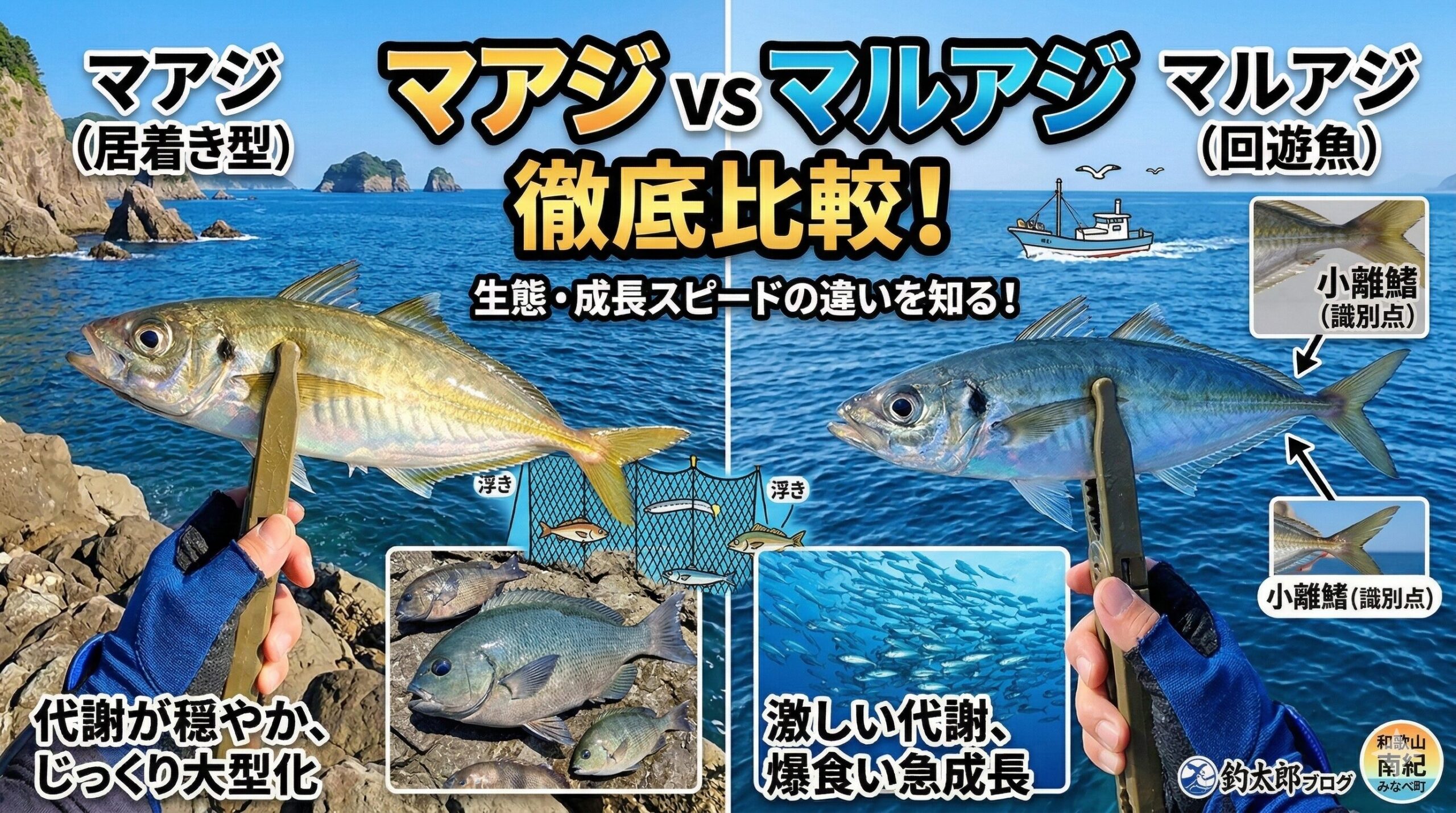 マアジは代謝が穏やかで、居着き型。長期間かけて大型化。対する マルアジは常に泳ぎ続ける回遊魚。エサを大量に摂取し急成長。釣太郎