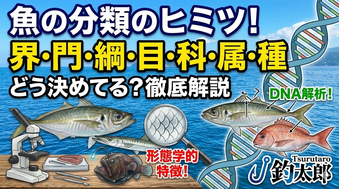 魚の分類は、大きなグループから小さなグループへと、界・門・綱・目・科・属・種へと分類されます。釣太郎