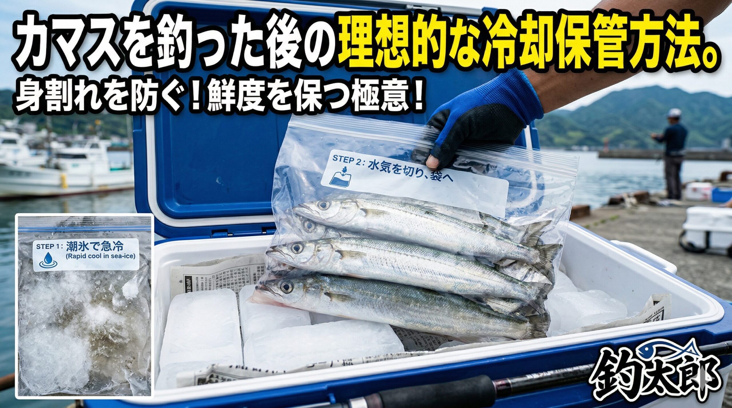 カマスの鮮度を保つ秘訣は、釣った直後の「潮氷による急冷」と「水気から遠ざけた保管」です。 素早く冷やして身を引き締め、その後は冷気を当てながらも濡らさないように持ち帰ります。釣太郎
