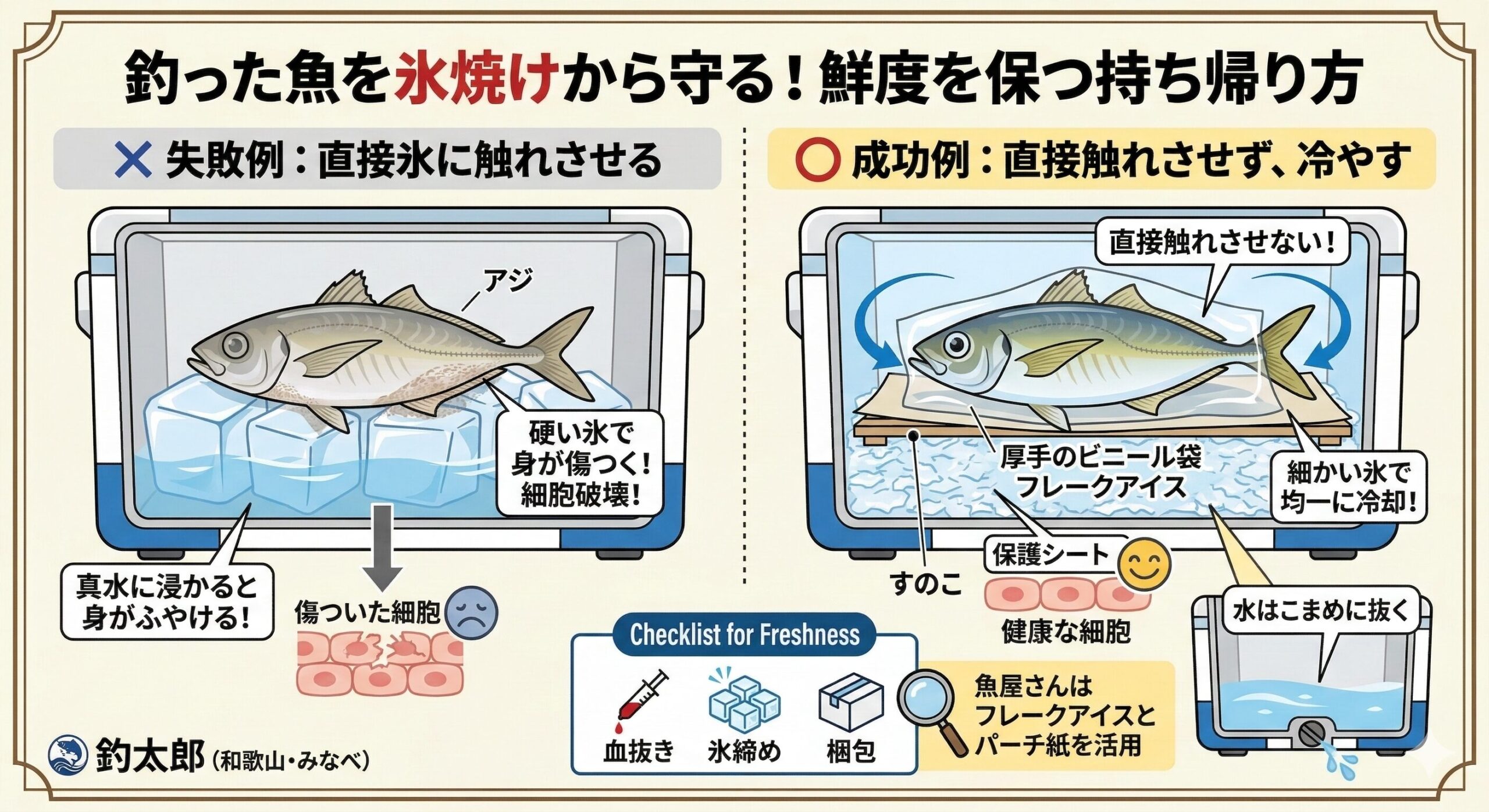 釣った魚を氷焼けから守る対策。魚を厚手のビニール袋に入れたり、氷との間に新聞紙やタオルを挟んで、直接氷が触れないようにします。釣太郎
