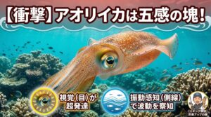 アオリイカは五感のうち、特に視覚（目）と側線のような感覚器官（振動感知）が非常に発達しています。釣太郎