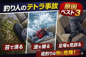 テトラポッド事故の原因ベスト3。1位 苔で滑る、2位 波を被る、3位 足場を見誤る。夜釣りは事故率が大きく上がります。釣太郎