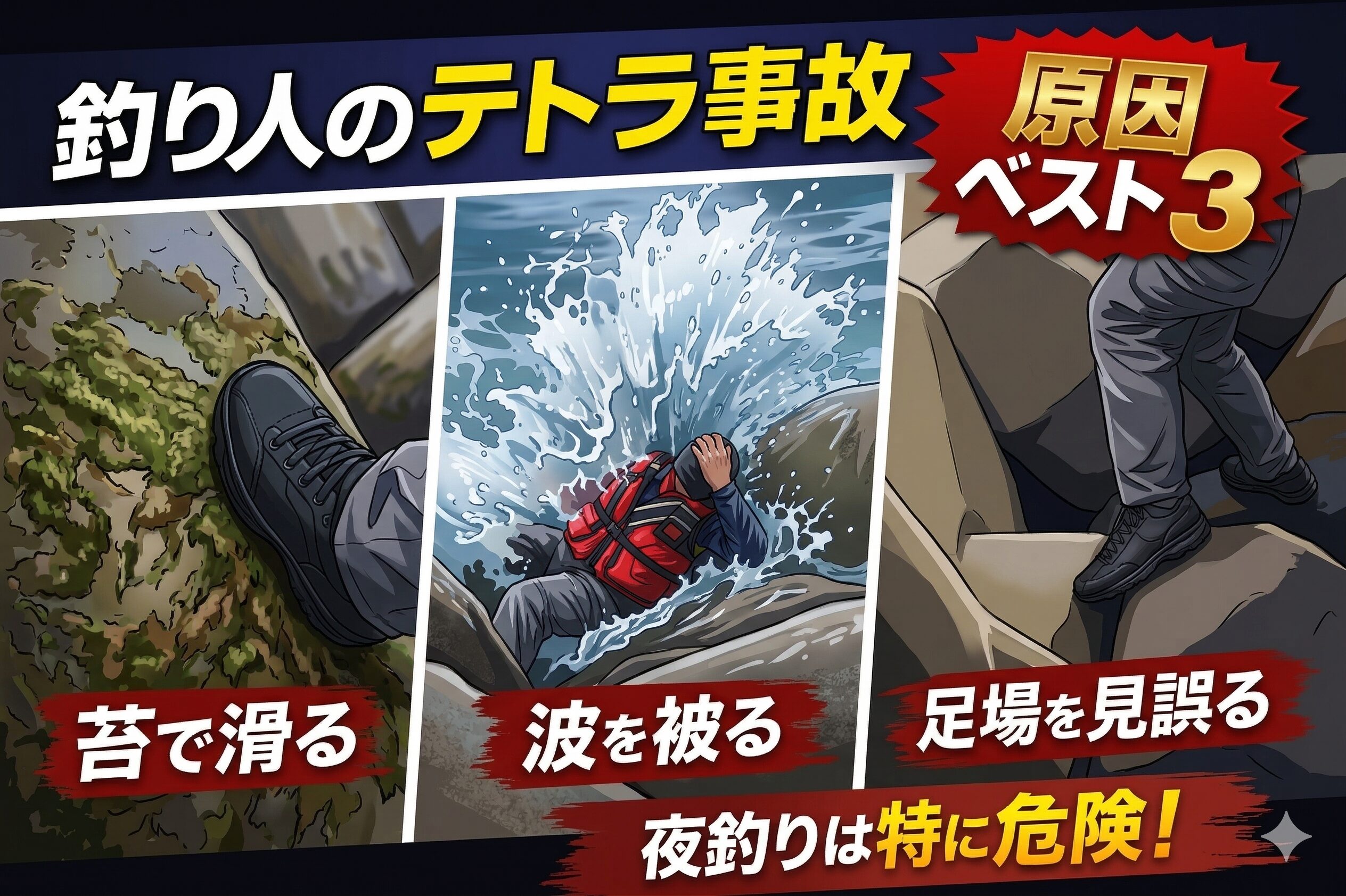テトラポッド事故の原因ベスト3。1位 苔で滑る、2位 波を被る、3位 足場を見誤る。夜釣りは事故率が大きく上がります。釣太郎