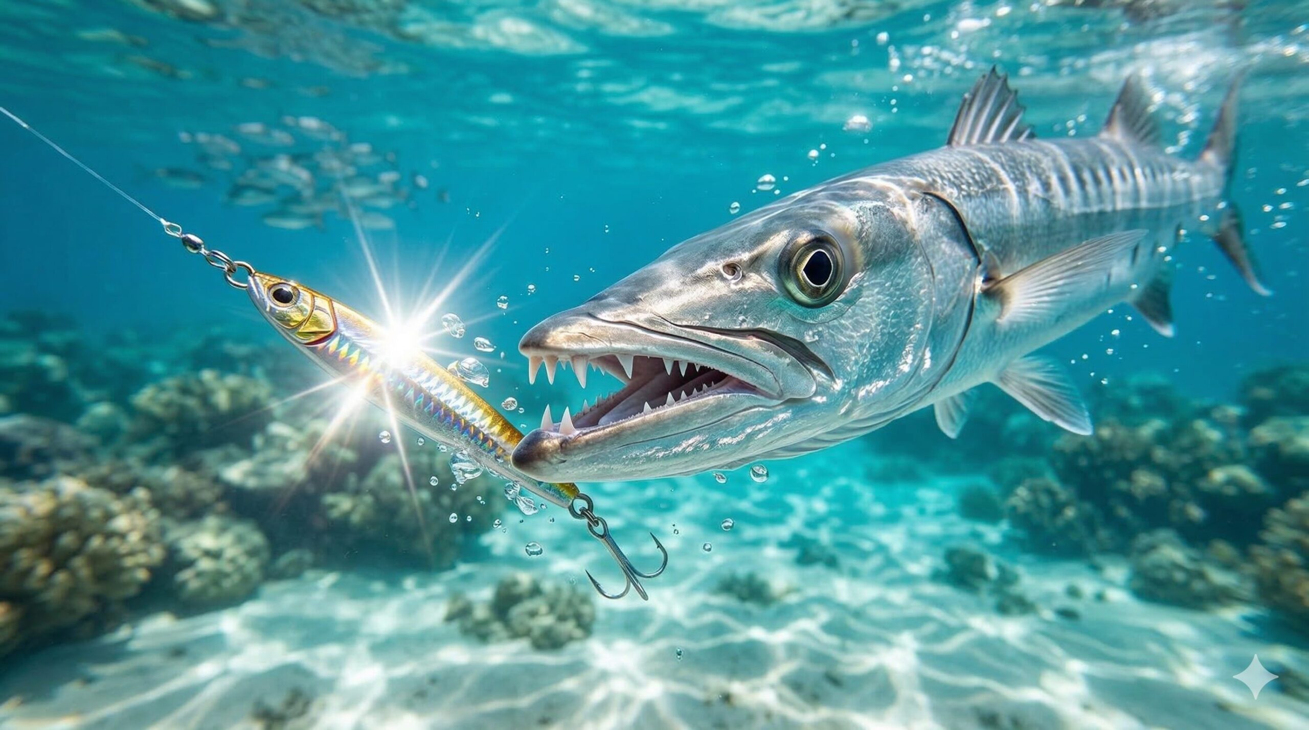 カマスはキラキラと反射するフラッシングに目がありません。太陽光を反射する群れのイワシをイメージさせる「金・銀・メッキ系」のカラーは必須。釣太郎