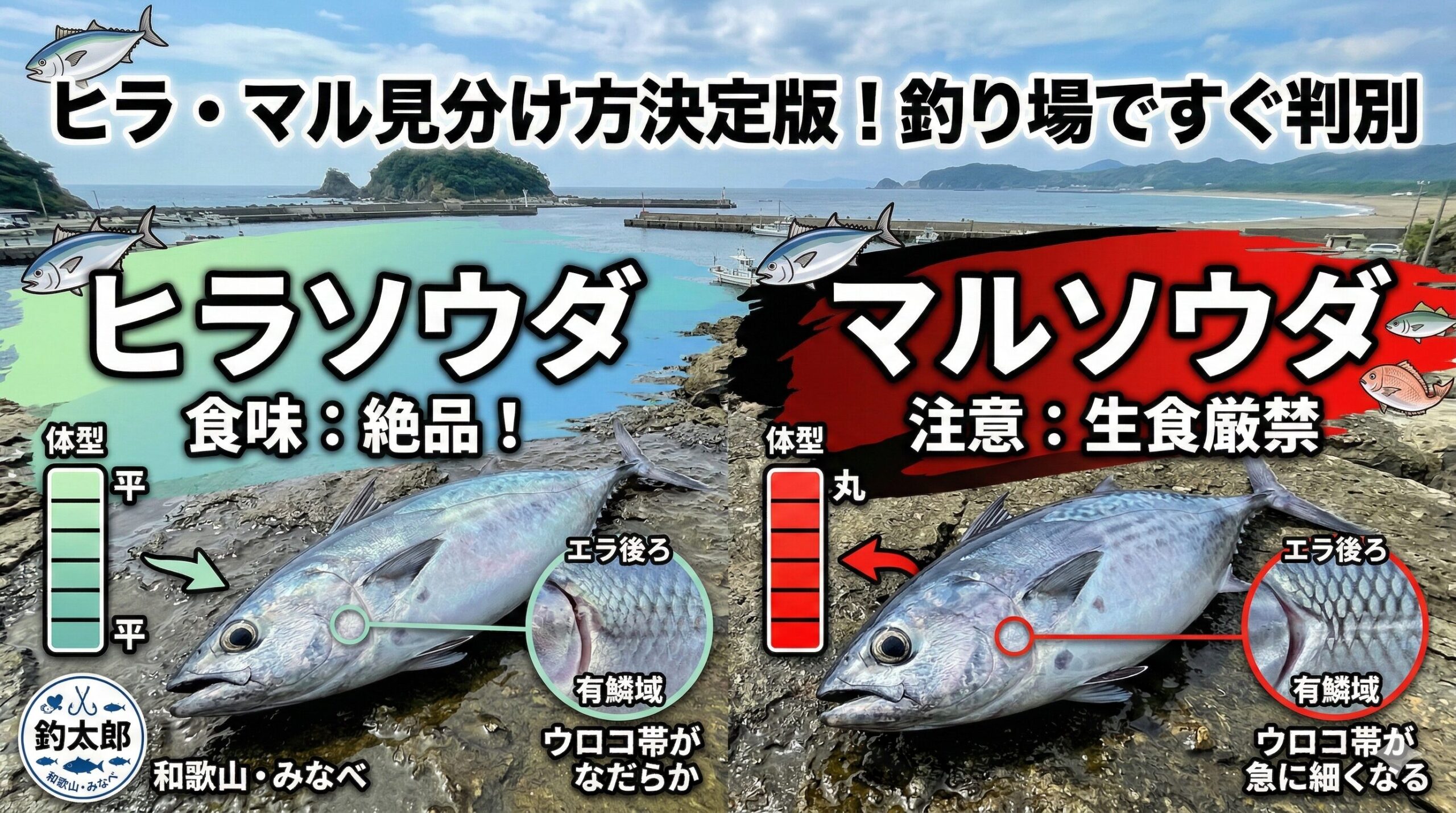 ソウダガツオ、丸みがあれまマルソウダ、平たければヒラソウダ。釣太郎