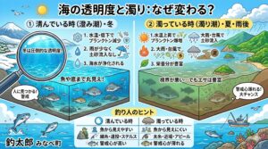 海の色や透明度を決める一番大きな要因は、海中に漂う「プランクトン」の量です。 春から夏にかけて水温が上がり、川から栄養分が海へ流れ込むと、それをエサにする植物プランクトンが爆発的に増殖します。釣太郎