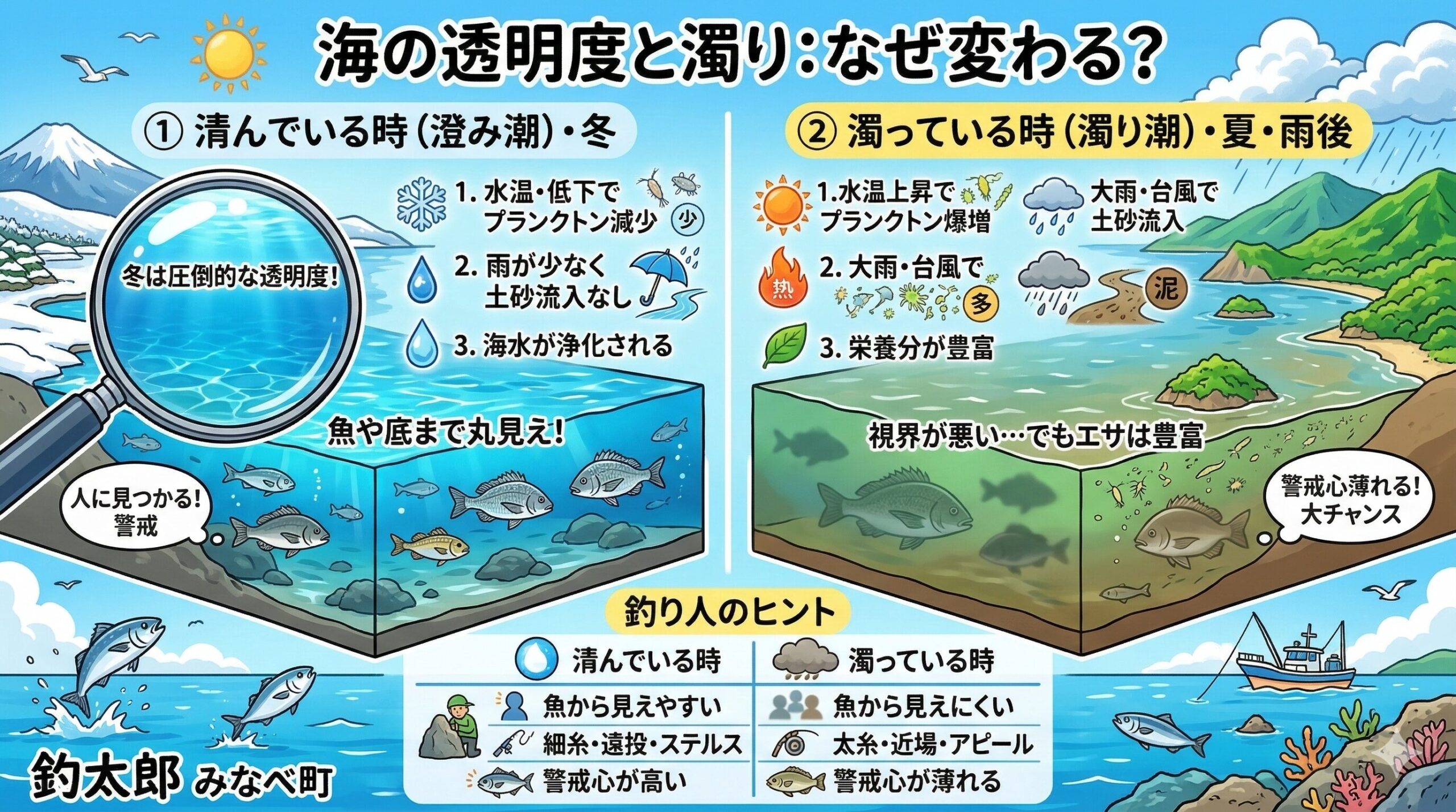 海の色や透明度を決める一番大きな要因は、海中に漂う「プランクトン」の量です。 春から夏にかけて水温が上がり、川から栄養分が海へ流れ込むと、それをエサにする植物プランクトンが爆発的に増殖します。釣太郎