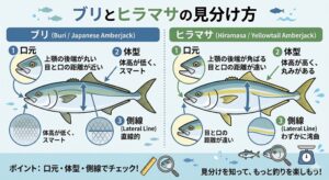 ブリ： 黄色のラインが薄く、胸ビレと少し離れている。ヒラマサ： 黄色のラインが鮮明で濃く、胸ビレに重なるように通っています。ヒラマサの方が全体的に「平たくて黄色が強い」釣太郎