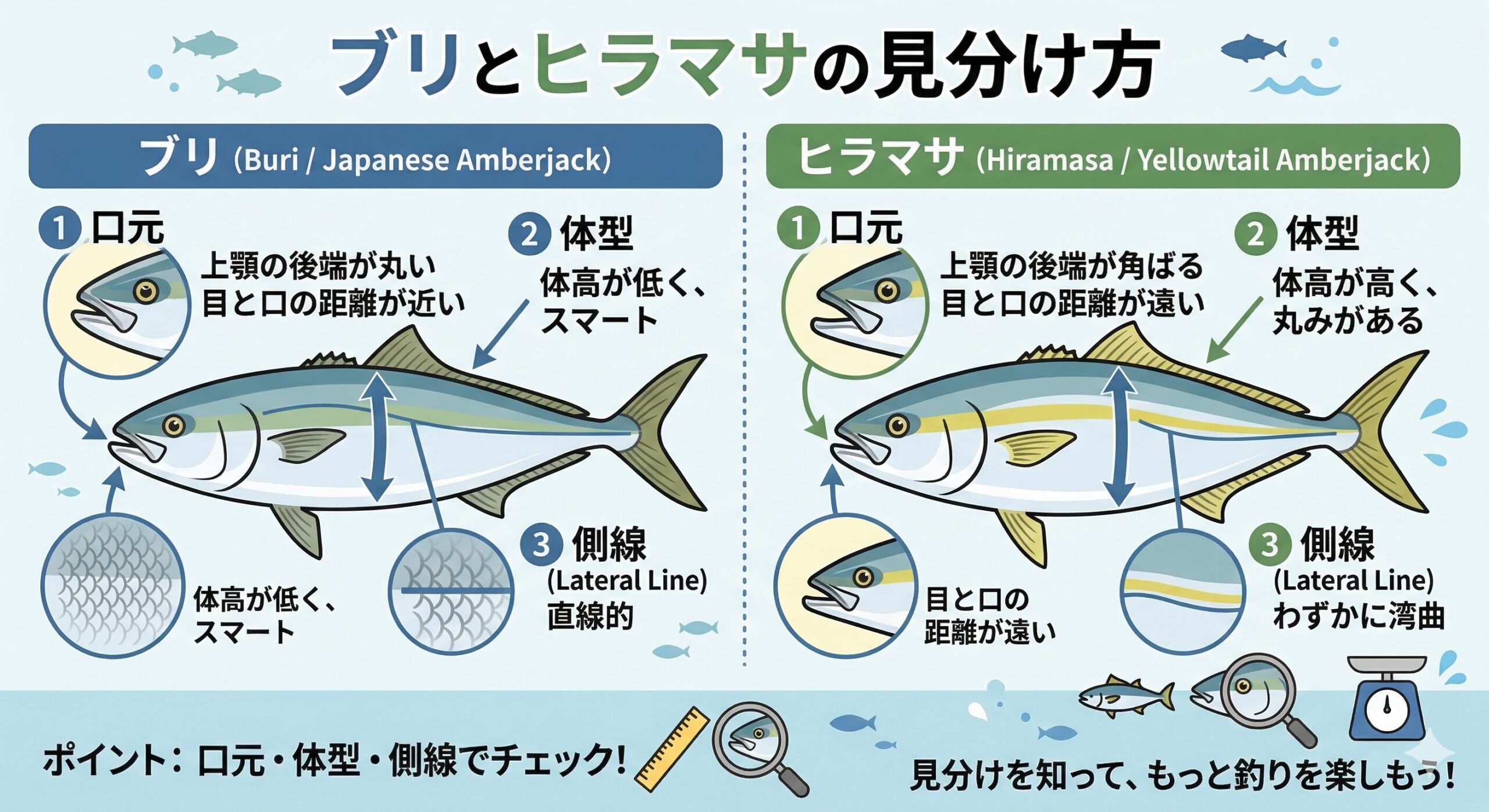 ブリ： 黄色のラインが薄く、胸ビレと少し離れている。ヒラマサ： 黄色のラインが鮮明で濃く、胸ビレに重なるように通っています。ヒラマサの方が全体的に「平たくて黄色が強い」釣太郎