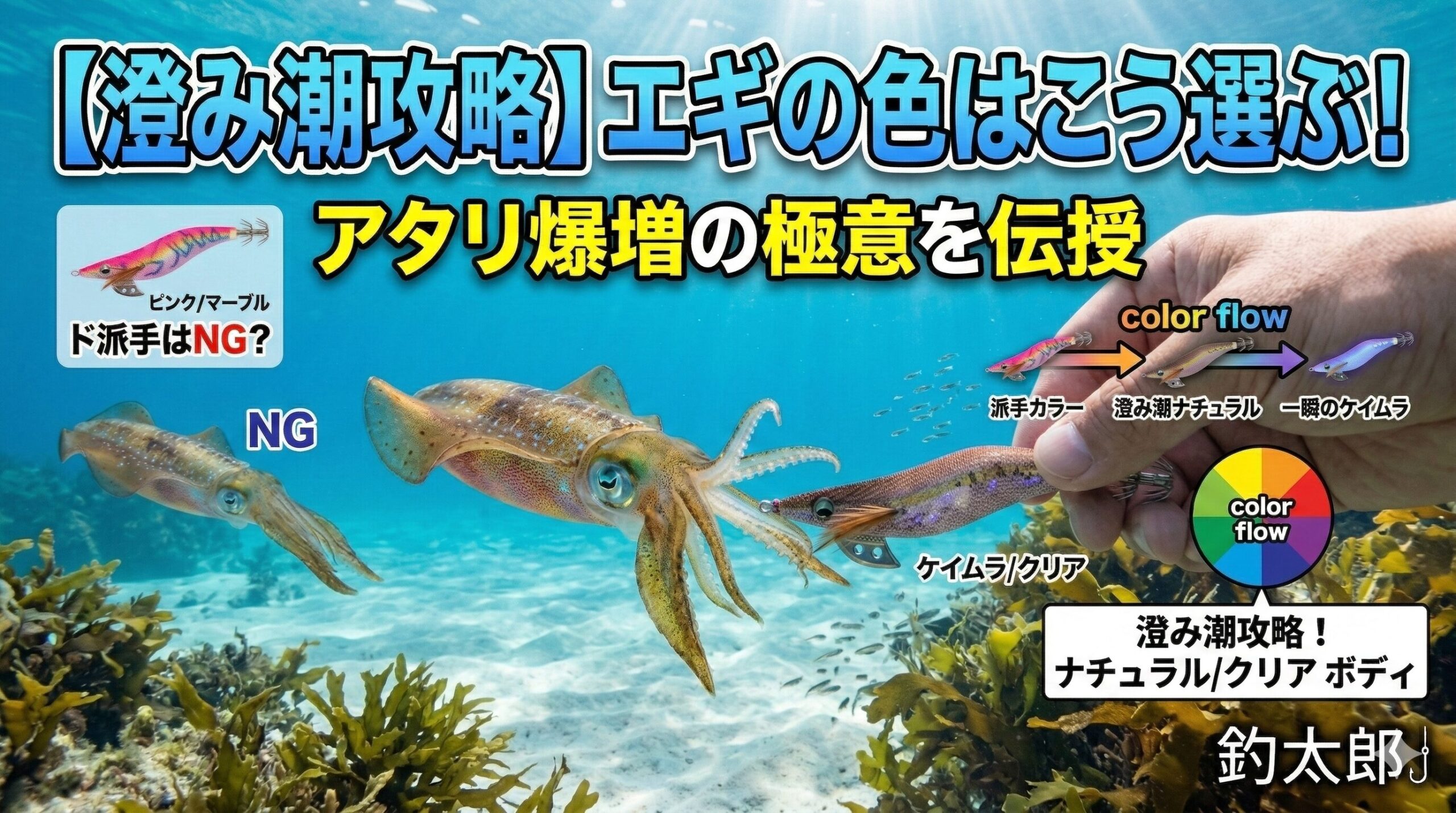 南紀のド澄み潮を攻略するエギのカラーは下地（テープ）は「ケイムラ」と「クリア」が最強です。釣太郎