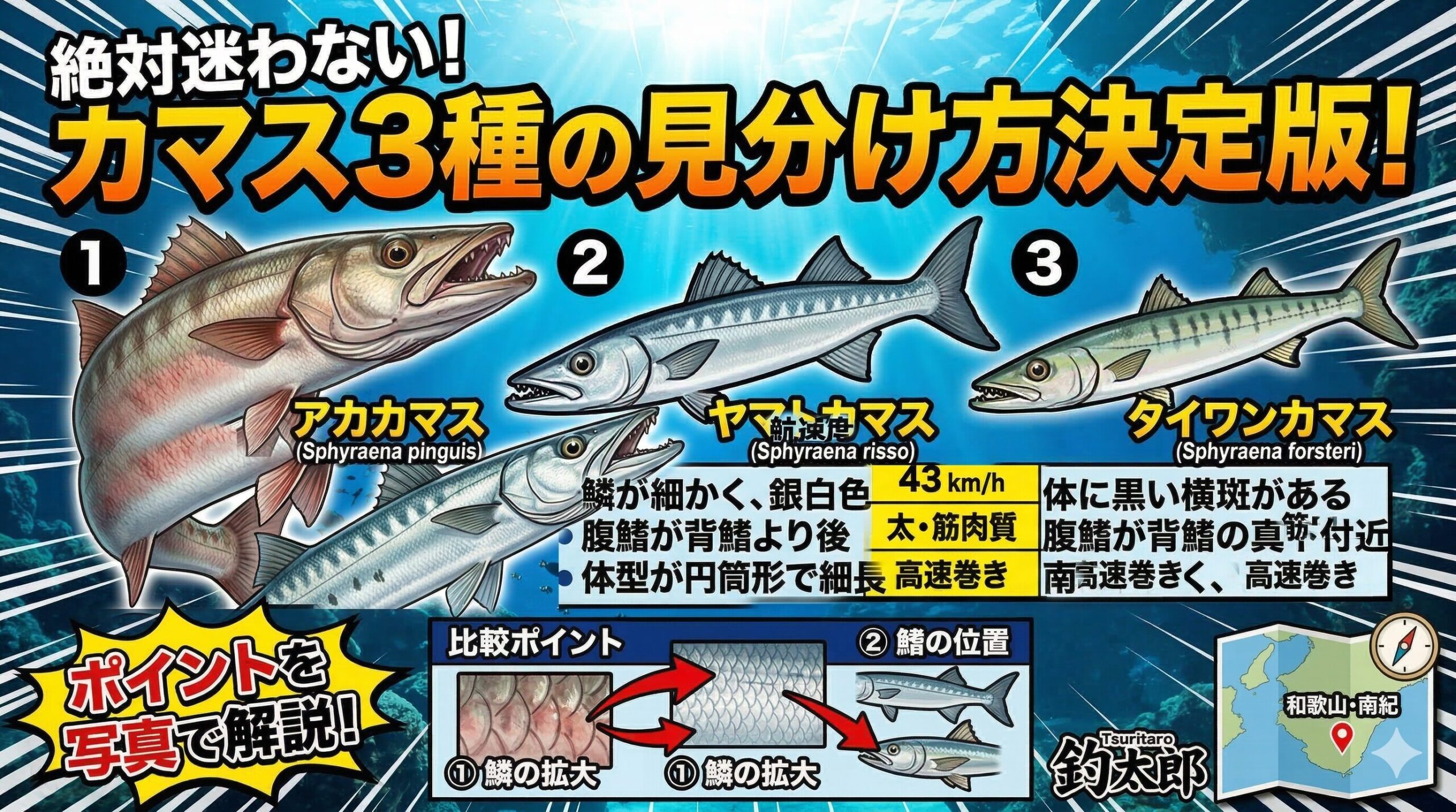 ヤマトカマス・アカカマス・タイワンカマス見分け方・比較ポイント一覧解説。釣太郎