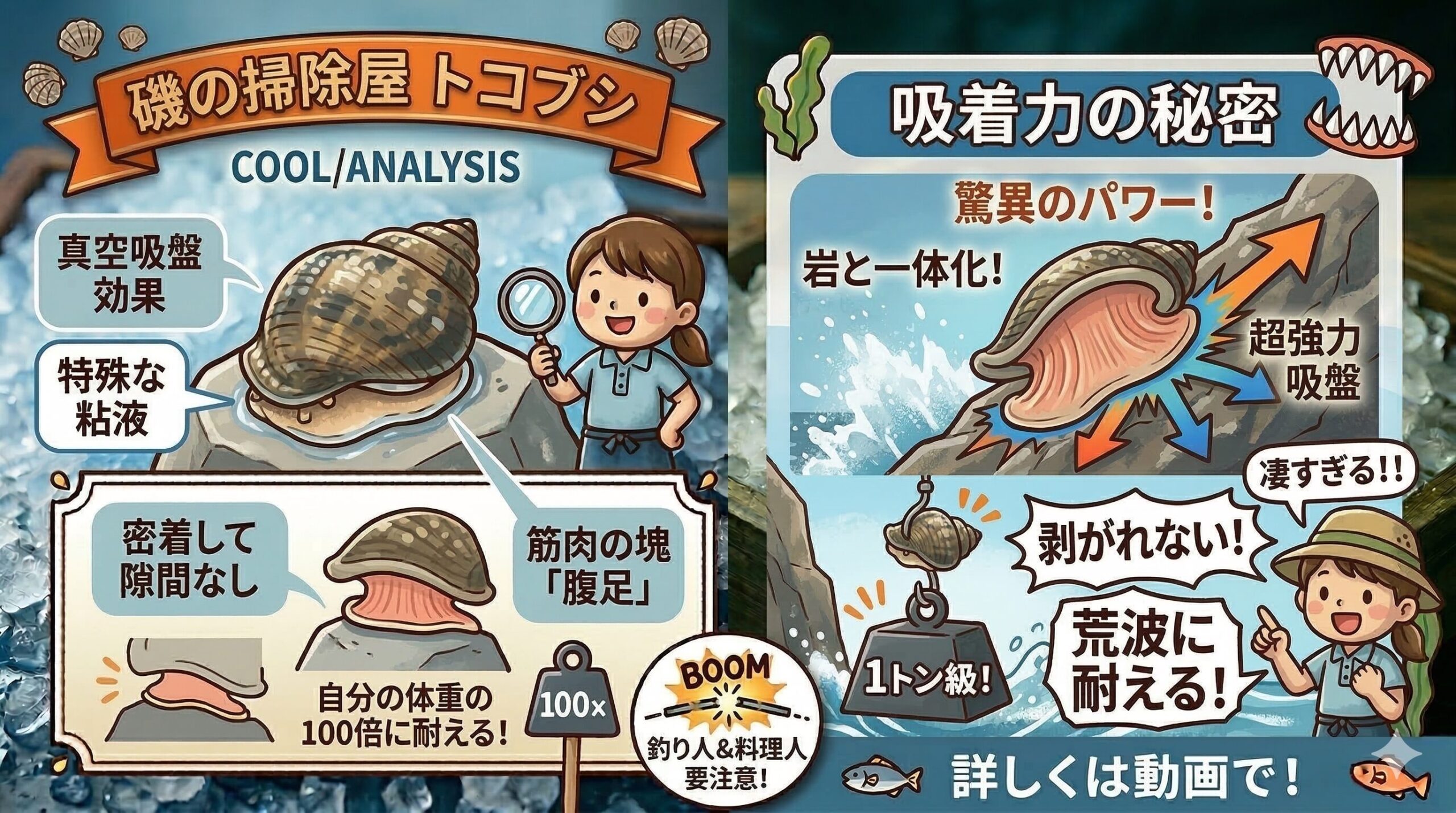 ながれこ（トコブシ）の強力な吸着力は、激しい波にさらわれることなく、安全に餌を食べるための進化の結晶です。釣太郎