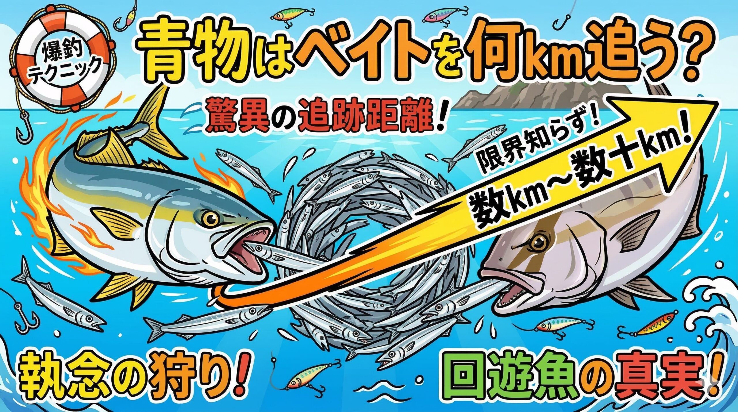 青物がベイトを追い回す距離は、状況にもよりますが数kmから、時には数十kmに及ぶことも珍しくありません。釣太郎