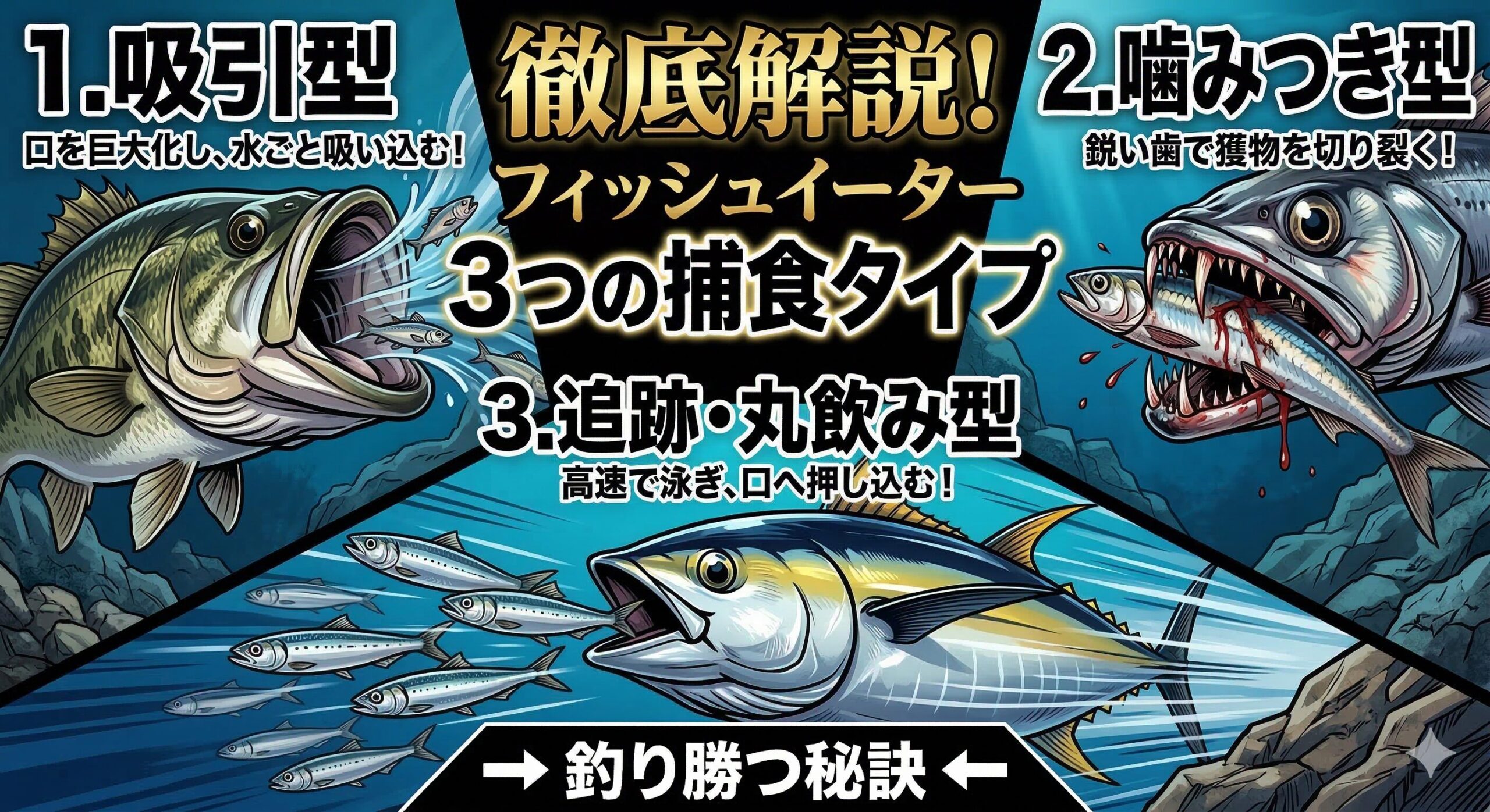 吸引捕食型、噛みつき型、追跡・丸飲み型。肉食魚にはこの3つのタイプがある。釣太郎