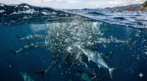 ベイトボールがしばしば水面付近で見られるのは、水面が物理的な「壁」として機能するから。釣太郎