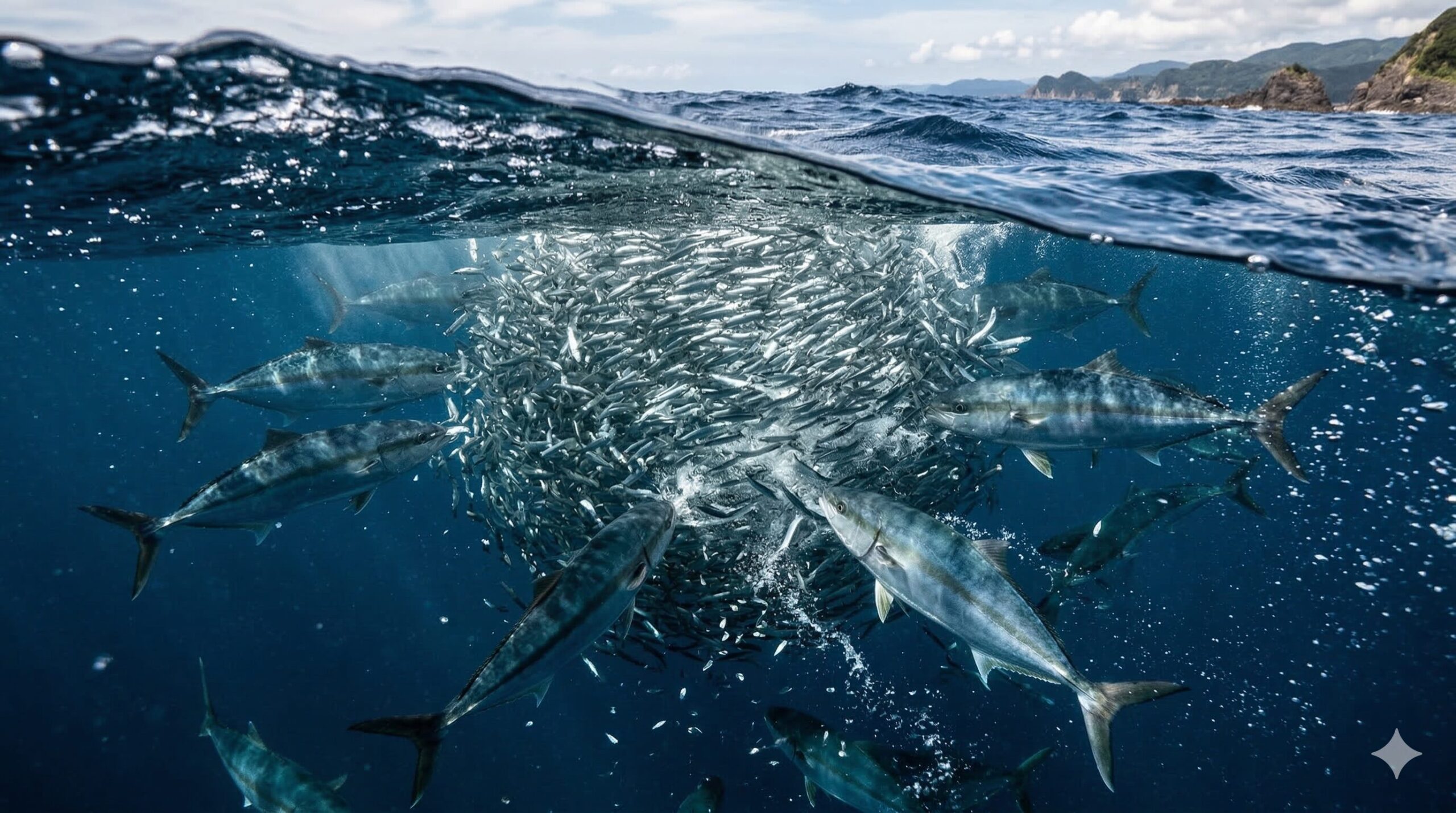 ベイトボールがしばしば水面付近で見られるのは、水面が物理的な「壁」として機能するから。釣太郎