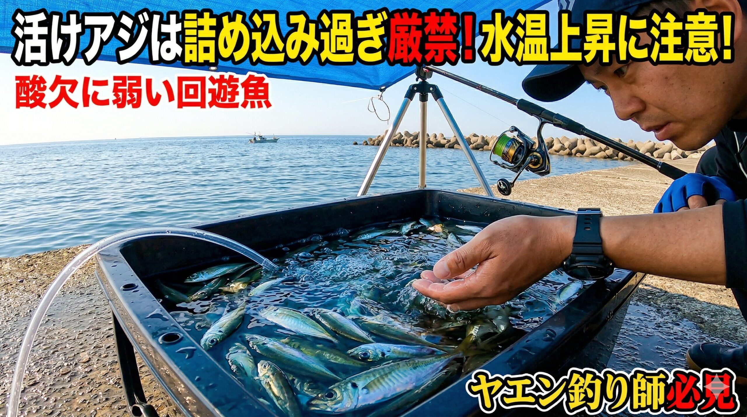 活けアジが詰め込み過ぎに注意。特に気温が上がってくると弱い。もともと酸欠に弱い回遊魚。ヤエン釣り入門。釣太郎