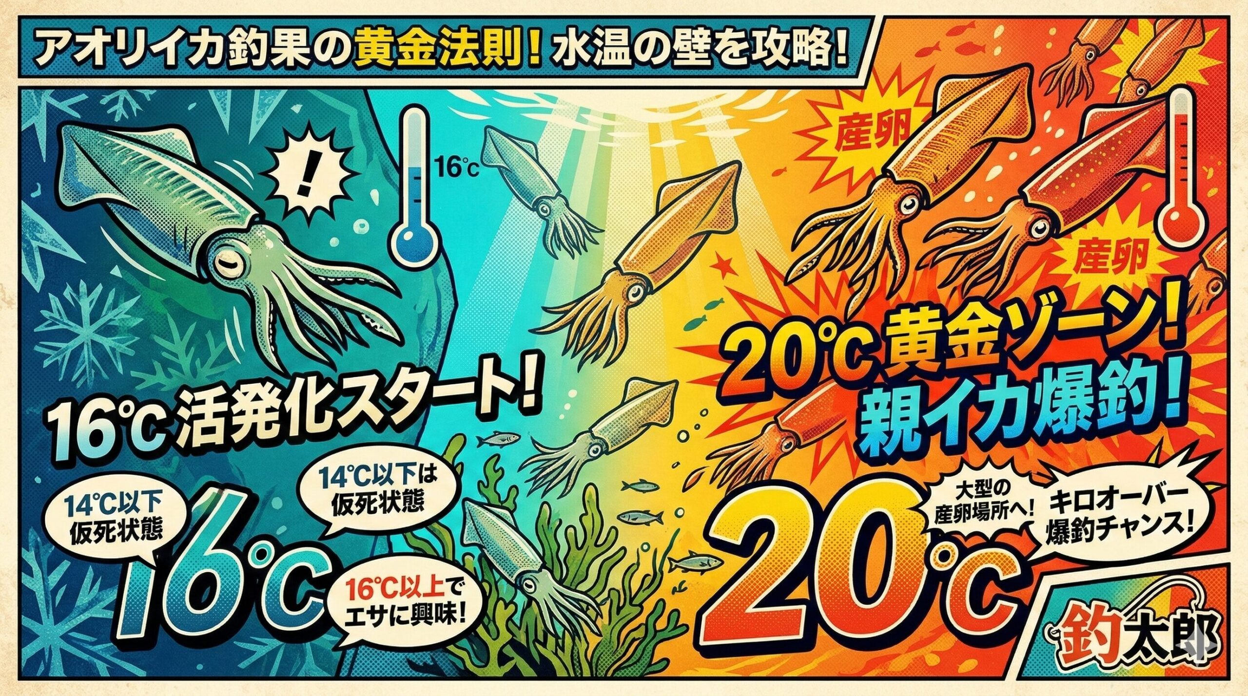 アオリイカ釣りにおいて、16℃は「活動開始の合図」であり、20℃は「大型産卵の黄金期」です。釣太郎