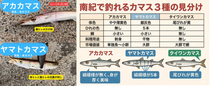 カマス見分け方。ヒレの位置：腹ビレと背ビレの位置関係が最大の判別ポイント。体色・模様：赤みがあればアカカマス、銀灰色ならヤマトorタイワン。尾ビレの色：黄色ならタイワンカマス確定。釣太郎