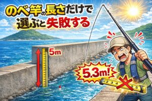 のべ竿の長さだけで選ぶと失敗する。サビキ釣りでは海面との高低差も超重要。釣太郎