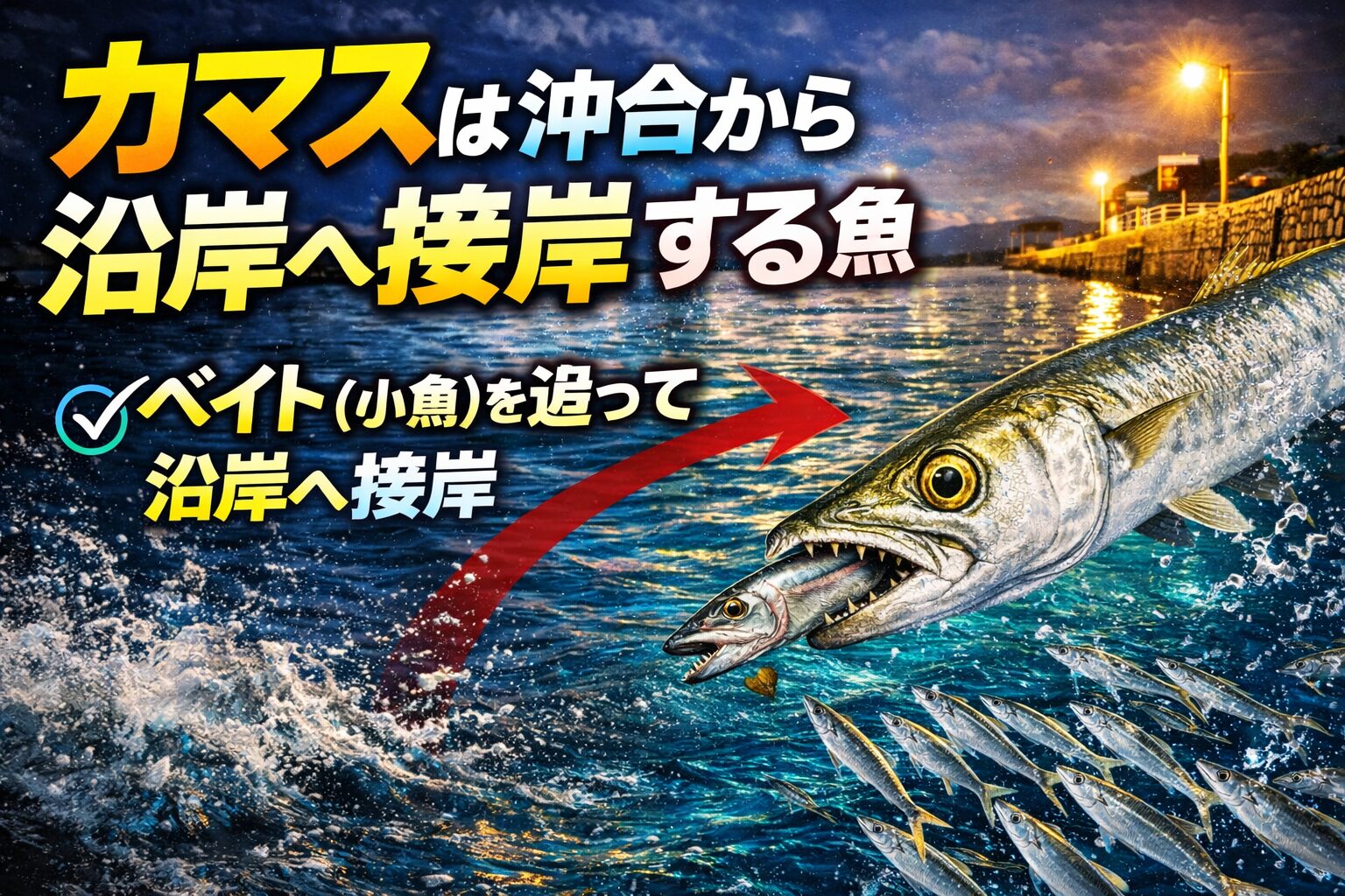カマスは基本的に沖合に生息しながら、ベイト（小魚）を追って沿岸へ接岸します。釣太郎