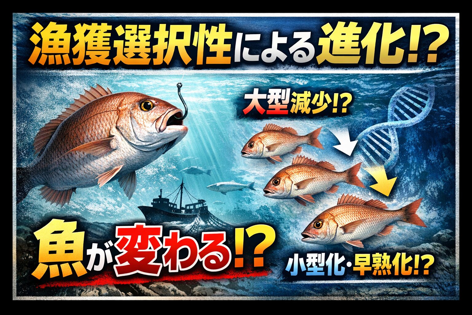 漁獲選択性による進化とは、人間が特定サイズの魚ばかりを獲ることで、魚が早熟化、小型化しやすくなる現象です。釣太郎