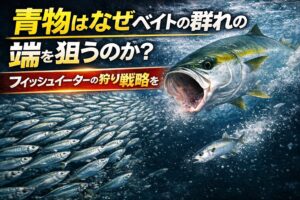 青物がベイトの群れの端を狙う理由は、捕食効率にあります。群れの中心は防御力が高く、狙いにくい。端には弱い魚が多く、捕食成功率が高い。釣太郎