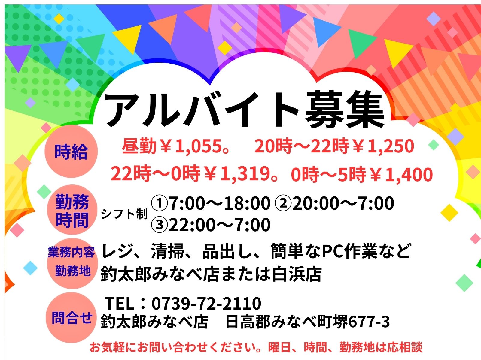 平日、週末、日勤と夜勤募集しています。釣り情報色々入手でき、ブログで発信できます。釣太郎