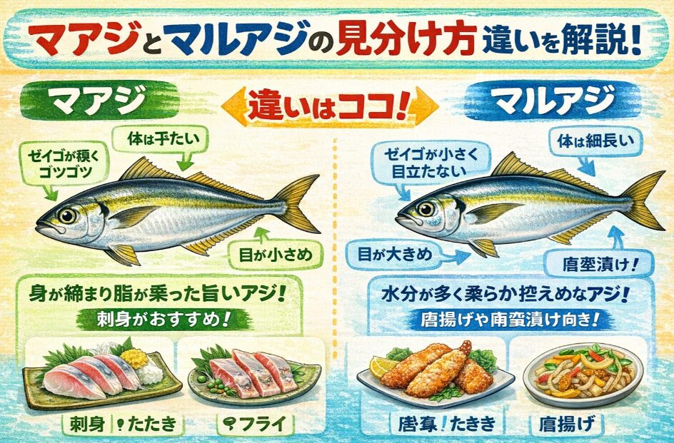 マルアジは唐揚げや南蛮漬け、干物に最適。真アジは刺身。サビキ釣り入門。釣太郎