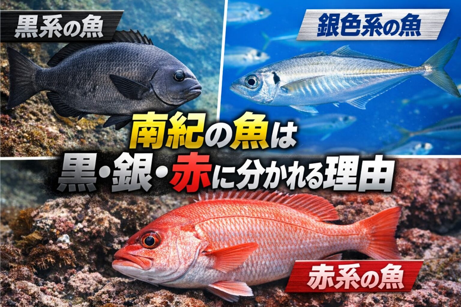 黒系は根や磯に溶け込む魚。銀色系は群れで回遊し光で身を守る魚。赤系は深さによって黒く見え、底周りで身を隠せる魚.釣太郎
