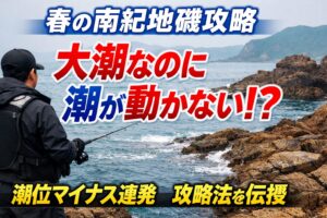 春の潮位偏差値マイナス連発は、大潮でも海面が低く、地磯の流れが弱くなる要因です。釣太郎