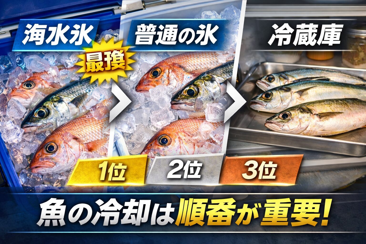 魚冷却の優先順位は明確。海水氷 ＞ 普通氷 ＞ 冷蔵庫。急速冷却が最優先。その次に身質保護。 最後に安定保存。釣太郎