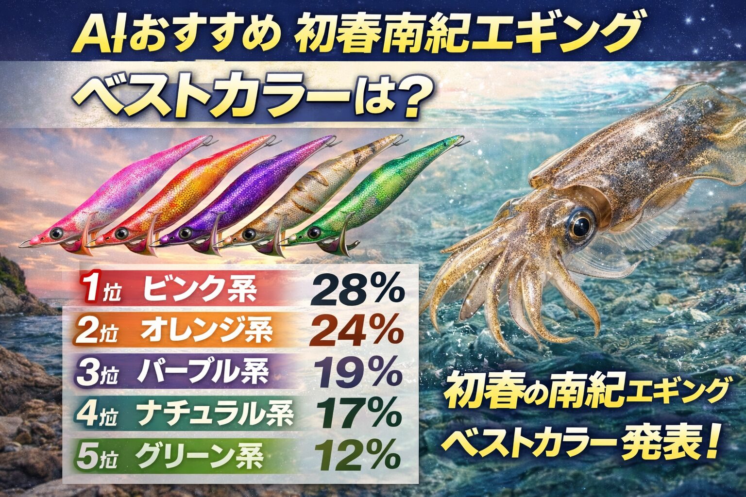初春の南紀エギングでは 視認性の高いカラーが強い傾向があります。AI分析では1位ピンク2位オレンジ3位パープル.釣太郎
