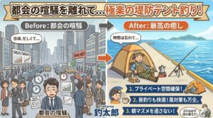 堤防テントが都会派アングラーにウケる理由 。 大自然を独り占めできるプライベート空間.釣太郎